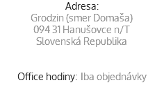 Adresa:
STRAPEX Montage, s.r.o.
Grodzin (smer Domaša)
094 31 Hanušovce n/T
Slovenská Republika Office hodiny: Iba objednávky
